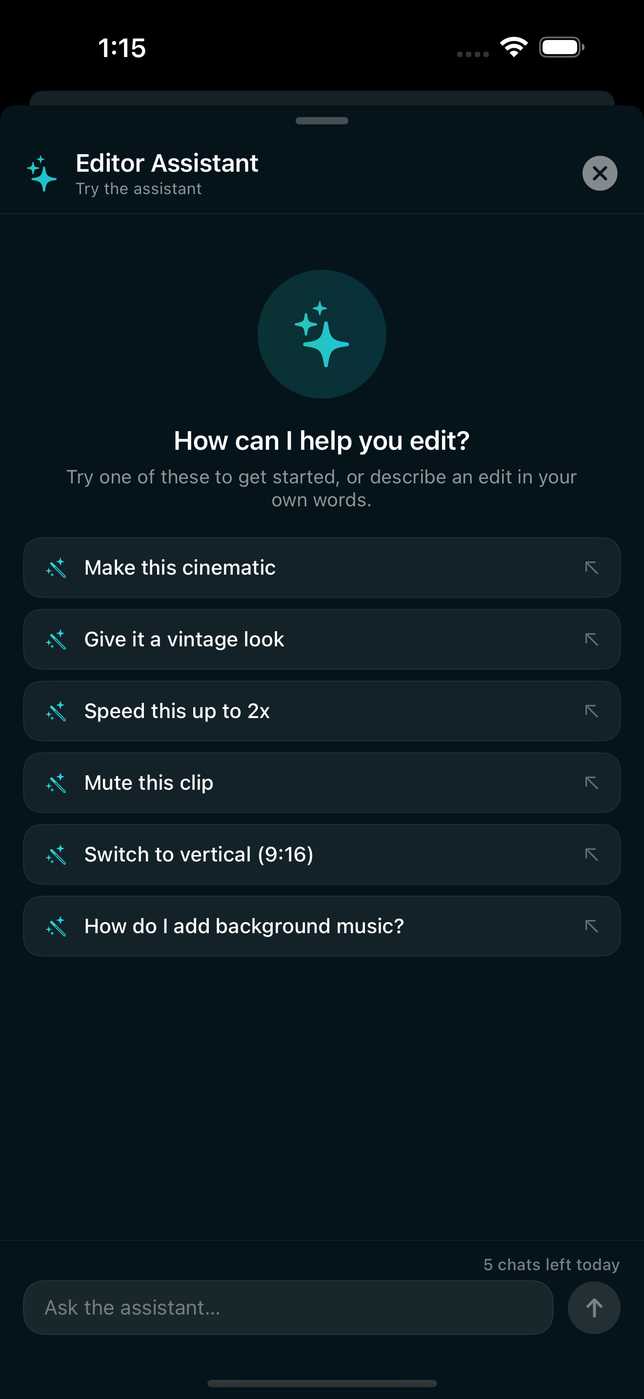 EditorPro AI chat assistant editing a video on iPhone with natural language commands