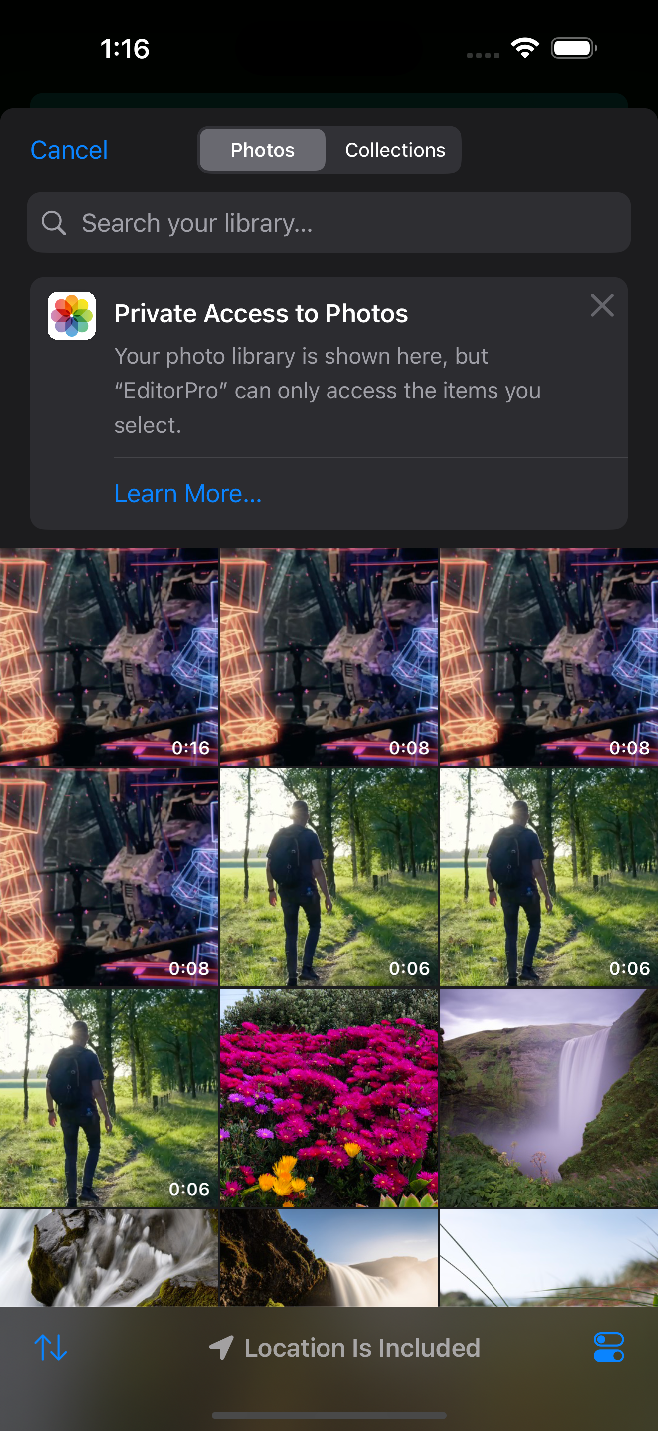 Video collage editor showing two videos side by side on iPhone