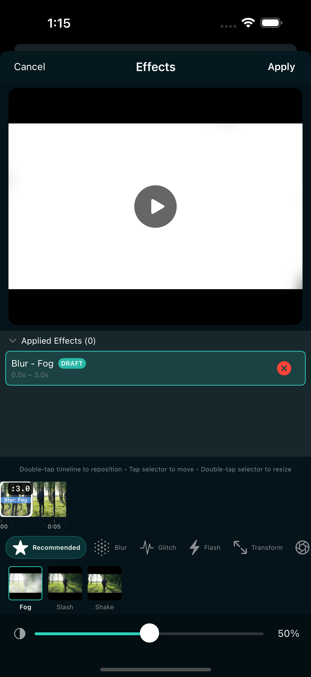 Effects panel in EditorPro showing glitch, VHS, zoom, and blur categories on iPhone