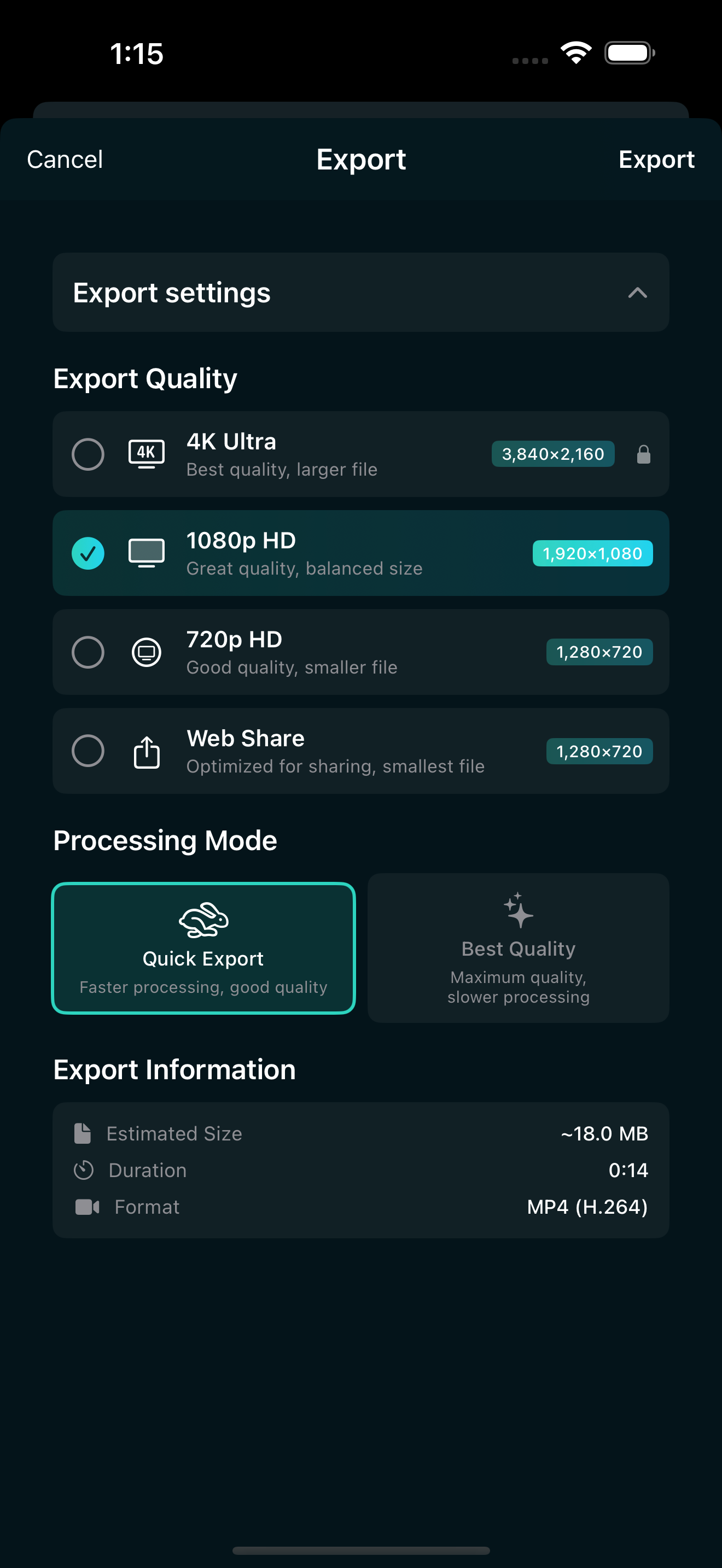 Export panel on iPhone showing quality options for saving a video without watermark