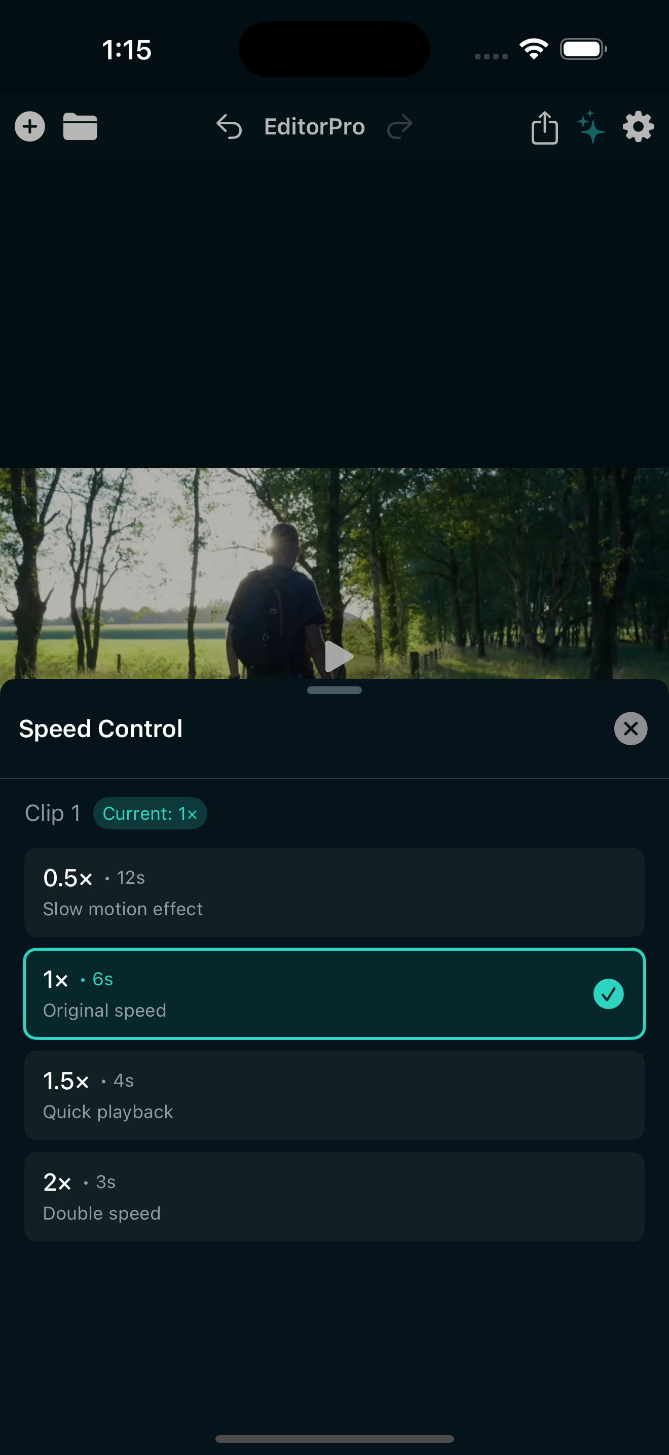 Speed controls in EditorPro showing slow motion and fast motion options on iPhone