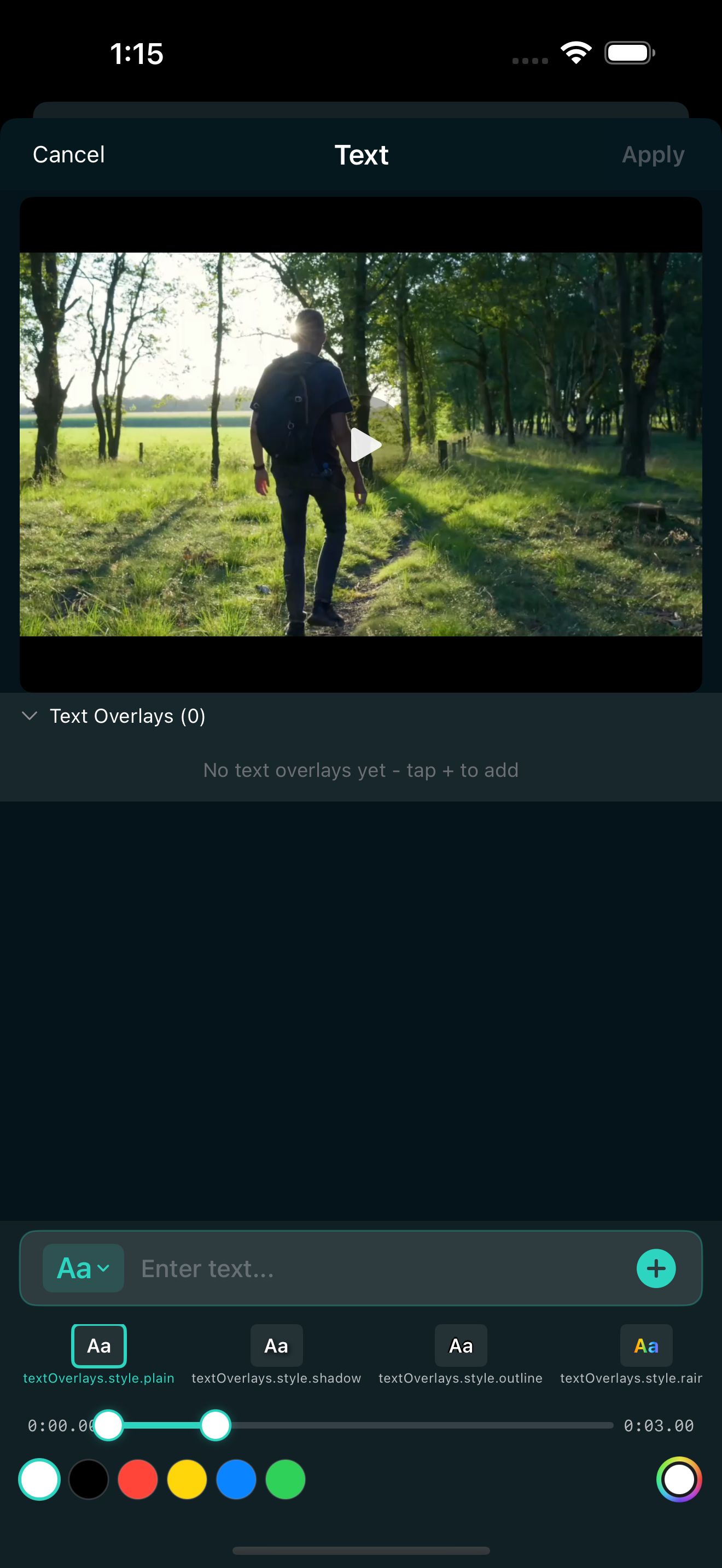 Text overlay panel in EditorPro showing caption styles for iPhone video