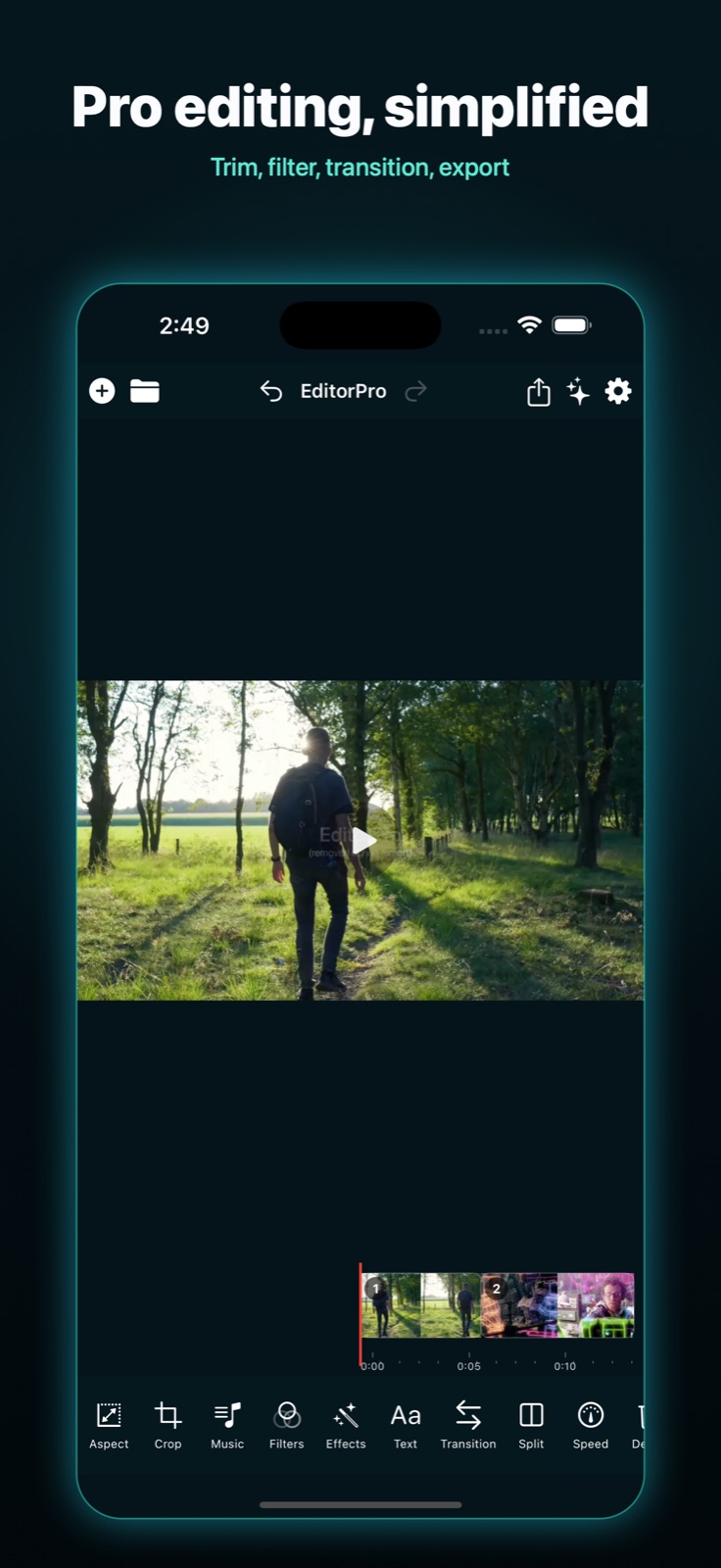 Trim, filters and transitions on the EditorPro timeline